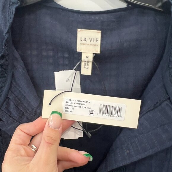 $375 NWT La Vie Blue Midnight Navy Ribbon Embroidered LS Dress size Medium - Picture 6 of 9